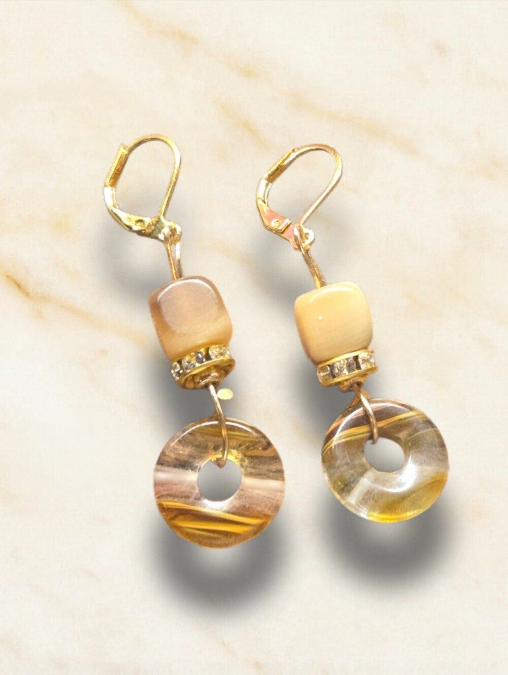 Handmade Banded Agate Dangle Earrings Gold Tone Leverback Earthy Boho Jewelry